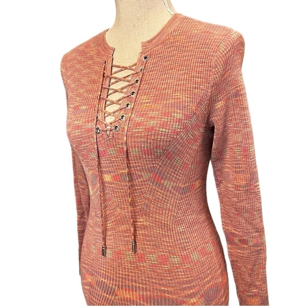 Marciano Body Conscious Ribbed Knit Midi Rainbow Dress with Lace Up Neck